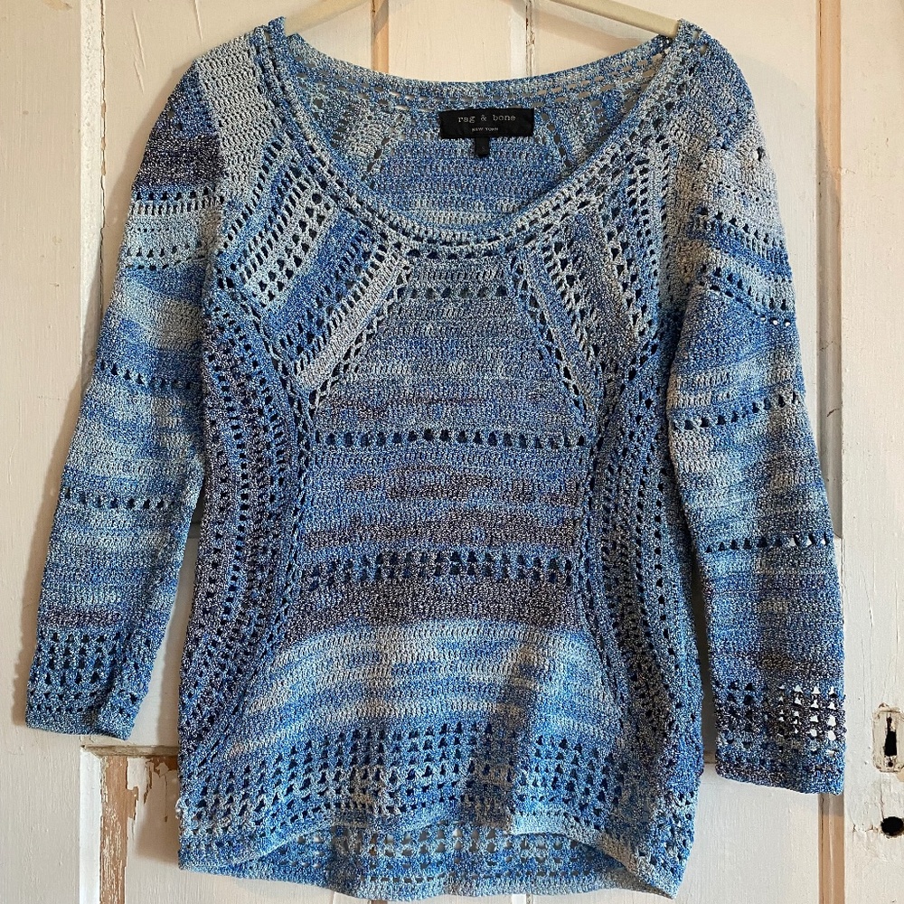 💙 Rag & Bone “Jasmine Bluebird” Crochet Stitch Mix Sweater festival– Size Small